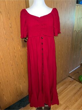 Smocked Red Button-Front Maxi Dress